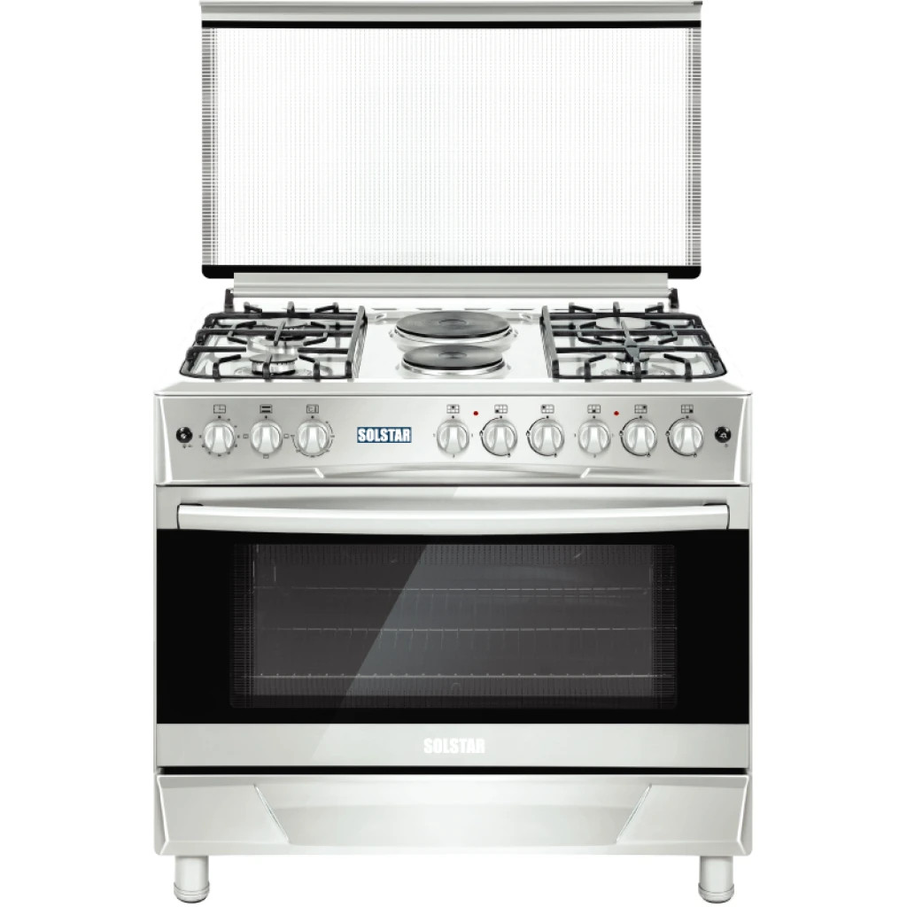 Solstar Standing Cooker,60x60, 4 Gas, Electric Oven, Rotesserie, Grill, Silver Colour SO640DERATINBSS