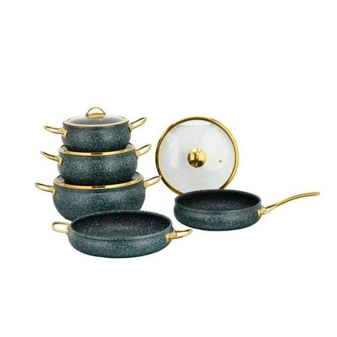 Cookware Non Stick Granite Copper Set Ball Shape Set Green Gold Glass Lids Casserole Pan Pot Frying Pan 9 Piece Cookware Set - Essential, Pots and Pans Set- Multicolor