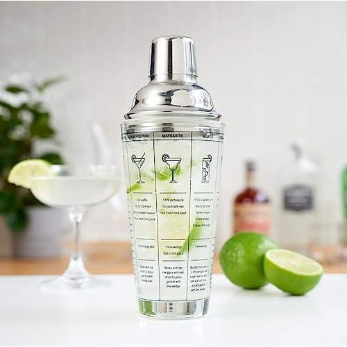 Outset Glass Glass Cocktail Shaker Printed with Drink Recipes, 12 Ounce, Stainless Steel Strainer Lid