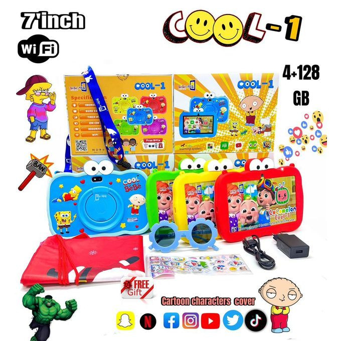 BEBE TAB COOL 1 -  Educational Kids Tablet 7Inch - 4GB + 128GB Wifi With Cartoon Characters Cover And Free Gift Educational Tablets