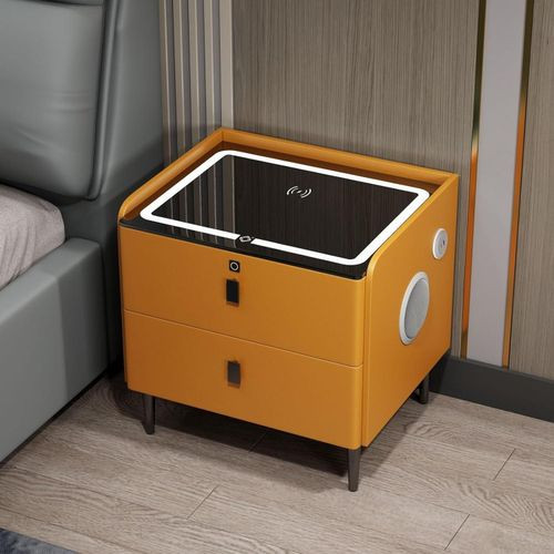 Smart Nightstand Safe Multifunction Bedside Table with Fingerprint Lock, Night Table with Wireless Charging Port, Side Table with Bluetooth Speaker, End Table with USB Port, for Bedroom Living Room Office- Multicolor