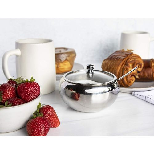 Stainless Steel Sugar Bowl with Lid And Spoon Serving Dish Clear Glass Lid Storage for Salt, Candy, Coffee Box Holds.