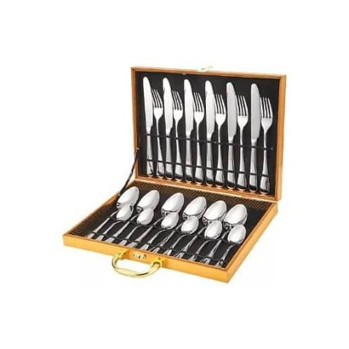 24 Piece Cutlery Set of Spoons, Forks & Knives In A Wooden Storage Box,Silver