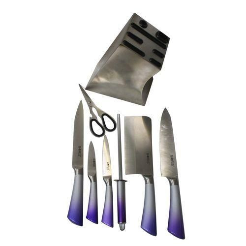 Purple Handled Knivies Set On Metallic Stand - Purple