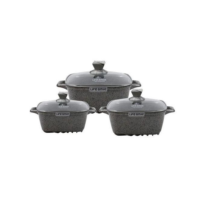 3 Piece Square Lifesmile Non-stick Saucepan Cookware Pots, Grey. Life Smile