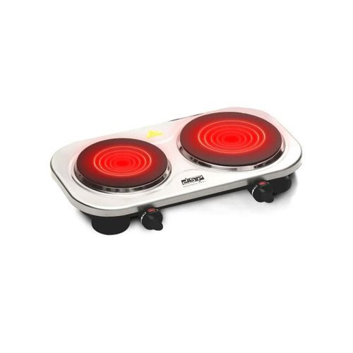 200-800W Double Burner Electric Infrared Hot Plate Countertop Cooker Stainless Steel Panel Cooking Stove- Silver Dsp