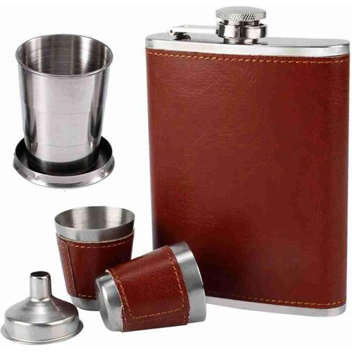 Gabbar 1160 Hip Flask With 1 Folding Glass And 2 Small Glasses With 1 Funnel ,Stainless Steel - Liquor Flask Stainless Steel, Leather Coated Hip Flask (236 ml)- Brown