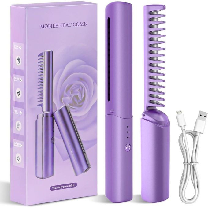 2 in 1 Anti-Scald Rechargeable Beard Straightener Comb Cordless Mini Hair Straightener Brush Portable Straightening Brush And Curler With 3 Adjustable Temperatures With Negative Ion Hot Comb Hair Straightener For Travel -Multicolor