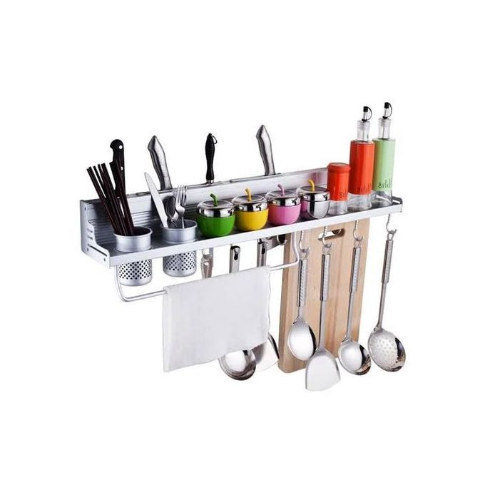 Wall Mounted Kitchen Utensils Holder Storage Stand Organizer Rack Spice Spoon Laddle Hanger +2cups- Silver