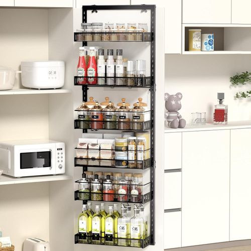 Over Door Spice Rack, 6-Tier Adjustable Over the Door Storage, Caddy Pantry Door Organizer Shelves with Hook for Each Layer, Back Door Metal Hanging Spice Can Rack for Pantry Bathroom Shelf With Adjustable Hooks,- Multicolor