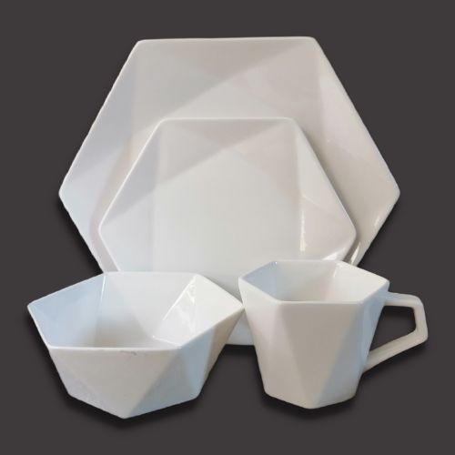 24 Pieces Of Hexagonal Plates, Bowls, Cups, Dinner Set- White.