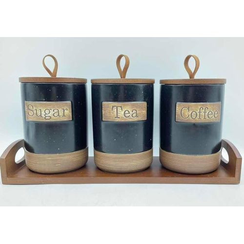 3 Piece Ceramic Canister Set For Spice Tea Coffee Sugar Storage Jars Containers With Airtight Lid And Wooden Bamboo Tray Stand- Multicolor