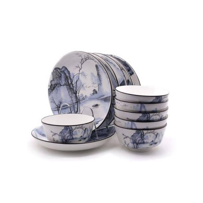 12 Piece Round Cloud Design Food Plates, Bowls Dinner Set - Multicolor