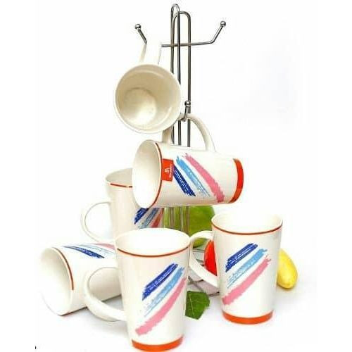 6 Pieces Of lined Tea Cups Printed Coffee Mugs Tumblers - Cream