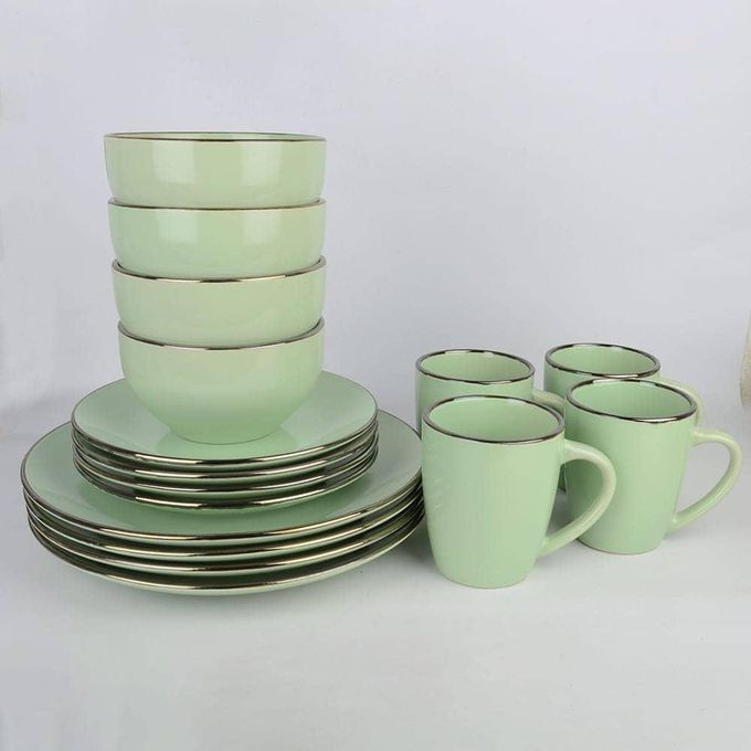 16-Piece Ceramic Stoneware Metallic Rim Dinner Plates Set Dessert Sideplates Cups Bowls Dinnerware Set- Green