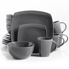 16-Piece Ceramic Squre Stoneware Dinner Plates Set Dessert Sideplates Cups Bowls Dinnerware Set- Grey
