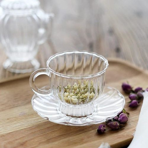 6 Pieces Of Glass Tea Cups and Saucers Sets Coffee Flower Tea Mugs High Temperature Resistance Afternoon Tea Cup Gift European Style 6 oz Capacity