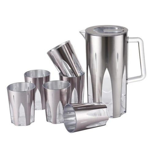 Unbreakable BPA Free One 2 lt Plastic Water Jug with Lid & Handle and 6 Pcs Serving Glass Set Combo, to Serve ice Tea, Juice, Cocktail, Mocktail, Beverages, for Dining Table- Gold, Silver