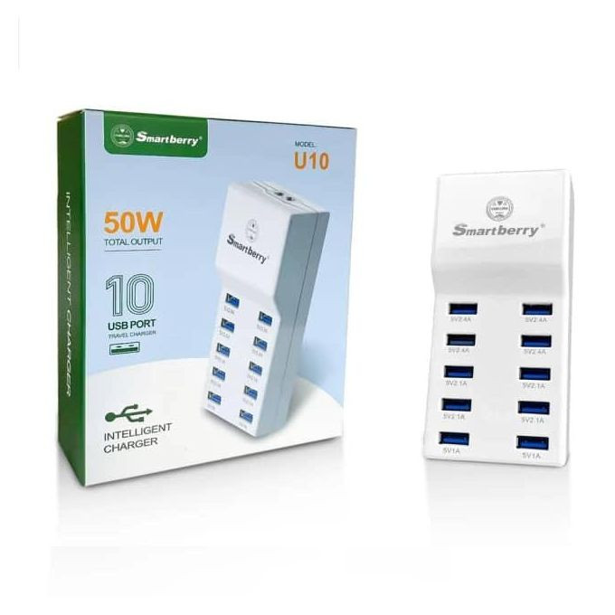 50W U10 Adaptor USB Wall Intelligent Charger with Rapid Multiple Charging Station Block Auto Detect Technology Safety Guaranteed 10-Port Family-Sized Smart USB Ports for Multiple Devices Smart Phone Tablet Laptop Computer SmartBerry