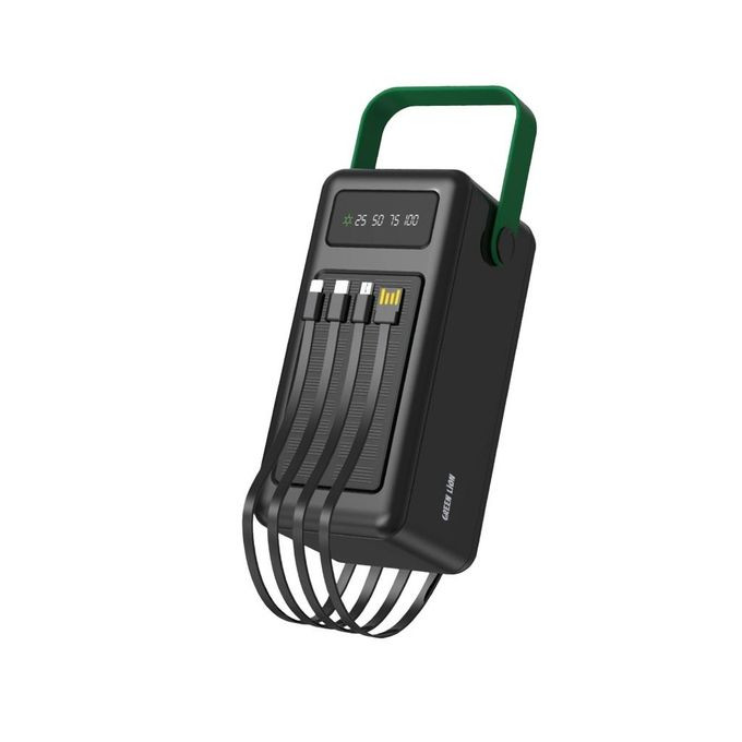 Solar Max 80000mAh Powerbank with Digital Display, Solar Charging Panel, Type-C Micro Lightening USB-A Output, lightweight & Portable, 4 Integrated Cables Green Lion