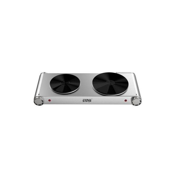 Double Burner Heater Hot Plate with Die Cast +Ceramic Coating Plate 5-Step Adjustable Temperature Control Automatic Thermostat Overheat Protection Power Light 1m Copper Charging Cable VDE Plug- Silver Winningstar