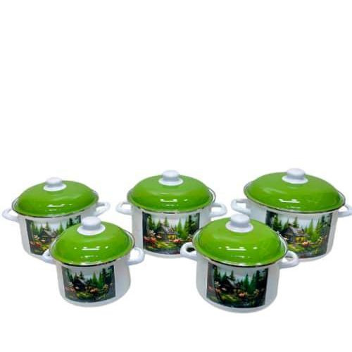5 Pieces Mountain Cabin Enamel Cooking Stockpot Cookware Set Soup Bowls Serving Dishes With Lids And Handles- Multicolor