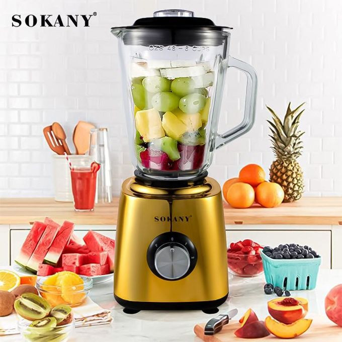 2 IN 1 Coffee Grinder And 1.5L Glass Jar Blender 500W High Power Ergonomic Grip Design Easy And Fast Cleaning 2 Gears Multifunctional Food Processor Stainless Steel Blade Cuts Food Quickly Smoothie Maker 6 Juicer Ice Crusher Extractor- Gold Sokany