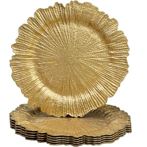 12 Pieces Of Reef Gold Charger Plates, Set of 6 Decorative Chargers for Dinner Plates Bulk for Wedding, Party, Holiday, Thanksgiving, Christmas Table Setting Gold