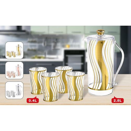 4 Pieces Of Melamine Juice Tumblers Cups And 1Piece Jug Gold Designed Water Set- Multicolor