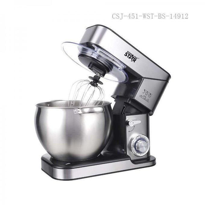 6-Speed Stand Mixer Cook Machine 10L with Stainless Steel Bowl Copper Motor Aluminum Dough Hook Flat Agitator Spatula 304 Balloon Whisk LED Indicator Light 4 Sucker Feet BS Plug- Silver Winning star