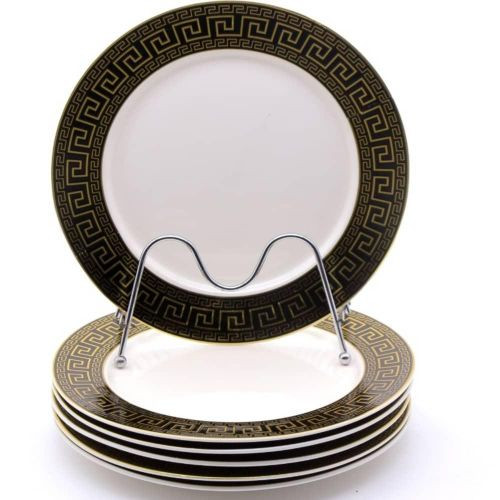 Multi-design Band Ceramic Serving Dinner Plates Set of 6, 10 inch Dish Set - Microwave, Oven, and Dishwasher Safe, Scratch Resistant, Modern Rustic Dinnerware- Kitchen Porcelain Serving Dishes- Multicolor