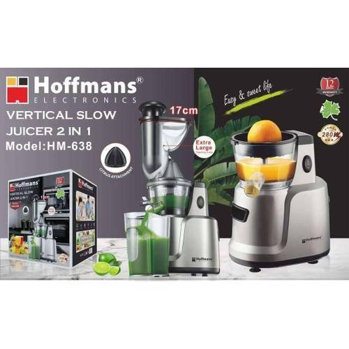 Slow Juicer, 75 mm Filling Opening, Juicer with Two Filters for Vegetables and Fruit, Baby Food and Ice Cream, Silent, Juice Recipe, Pre-Cleaning Function, Vertical- Silver Hoffmans