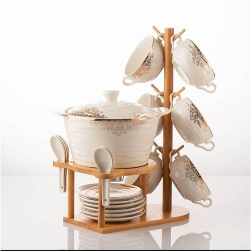 Ceramic Soup Tureen Bowl Gift Set with 6 Cups with Handles 6 Saucers 6 Spoons On Bamboo Stand & Lid, Hotpot Style Home Decor Kitchen Utensils Set for Serving- White