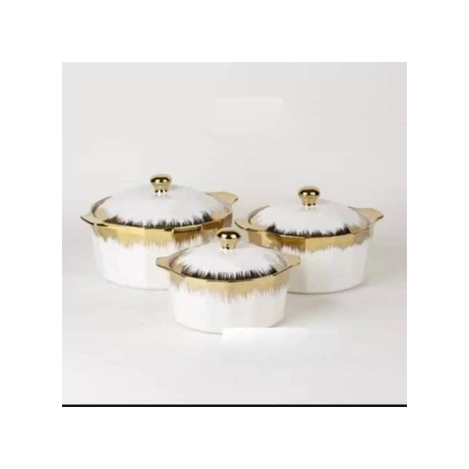 3 Pieces Of Golden Rim Ceramic Serving Bowl Dishes Pots With Lids -White