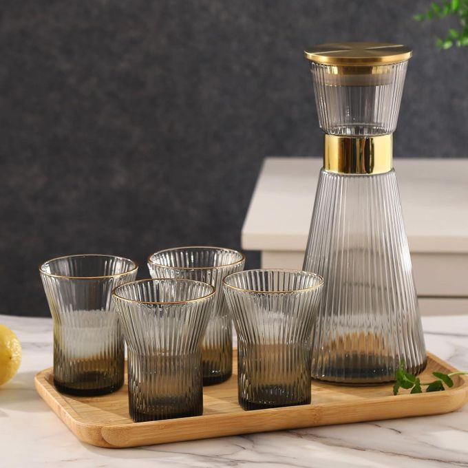 Ribbed Bedside Table Glass Water Carafe Set, 1 Crystal Glass Carafe with Lid (44oz), 4 Cups Without Tray, with Thickened Bottom, Food-Grade Silicone, Leak-Proof - Multicolor