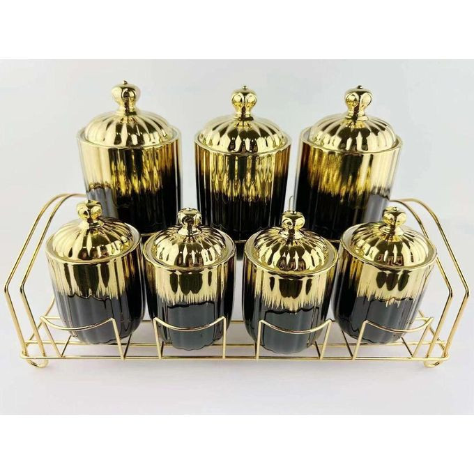 Porcelain Kitchen Food Bins Coffee Tea Sugar Sealed Storage Jar With Gold Stand Rack Canister Set - Multicolor