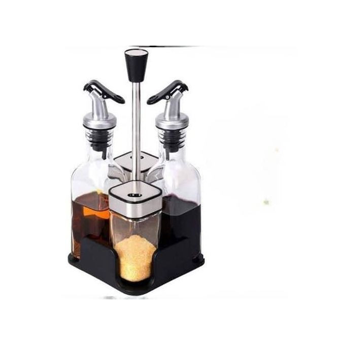 Olive Oil Bottle and Vinegar Bottle Dispenser Non-Drip Spouts with Sturdy Tray Holder Combination Kit (5 Pieces),Glass Visible Seasoning Bottle,Salt Shaker Pepper Shaker Rotatable Cap Design,More Pouring Methods to Choose,Save Kitchen Space - Transparent