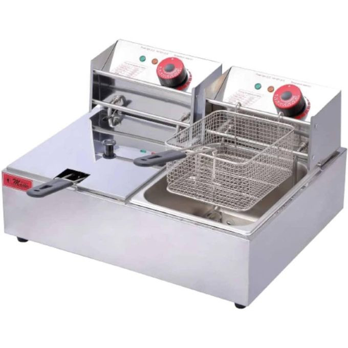 12L (6L + 6L) Temperature Adjustable Commercial Deep Fryer Stainless Steel Electric Countertop Dual Tank Basket Potato Chips Frying Pan With Safety Lid For Restaurant Home- Silver Electro Master