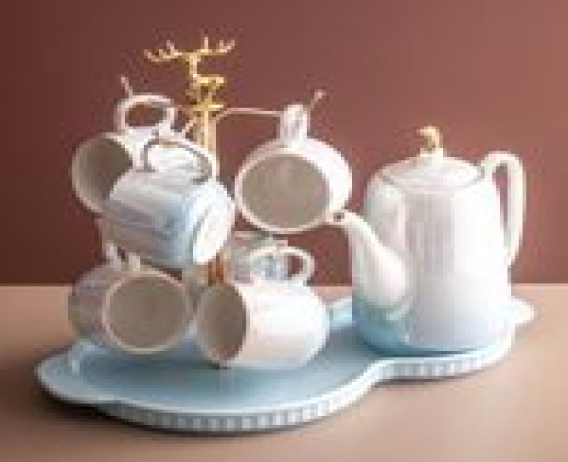 Tea Set with Metal Holder, Ceramic Cup Set for Tea Coffee With Teapot And 6 Cups And Tray For Family Afternoon Tea Party- Multicolor