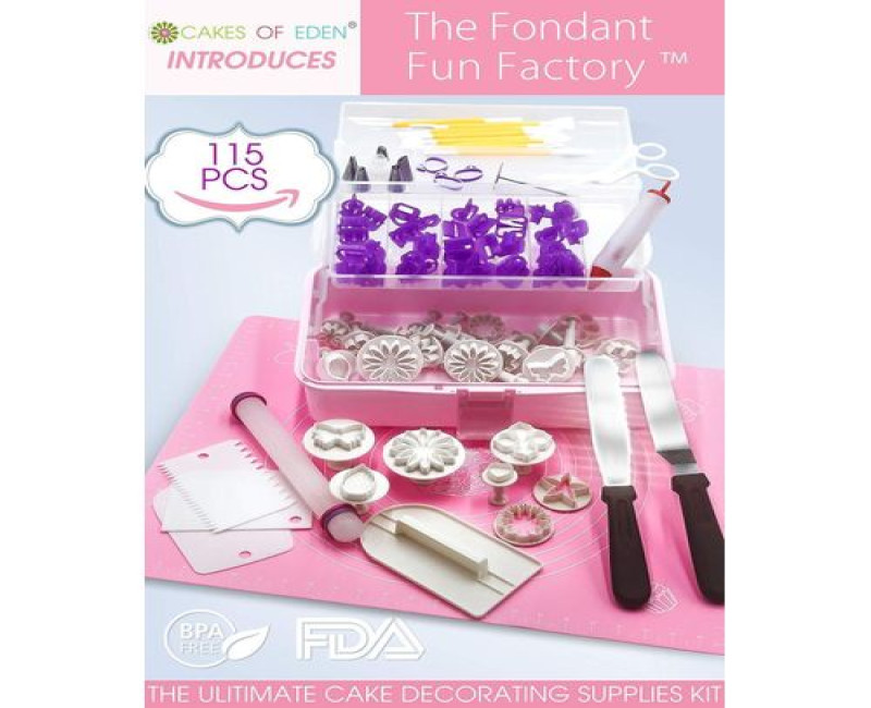 Fondant Tools Cake Decorating Supplies - 123pc Baking Kit, Icing Piping Bags, Tips, 2 Offset Spatula, Letter And Shape Cutters, Baking Mat, Rolling Pin, Pastry, Cookie, Cupcake & Frosting Accessories - Multicolors