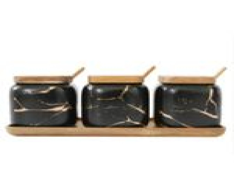 Spice Jars Set Marble Seasoning Box 3pcs Condiment Pots For Salt Sugar Pepper Tea Coffee Tins - Black