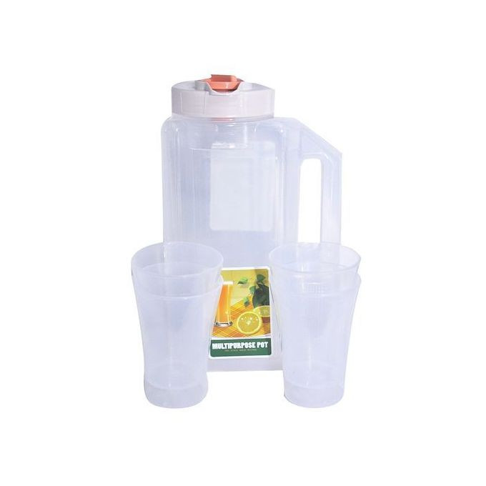 Plastic Water Fridge Bottle with 4 Glass, 1.5L - Orange, White