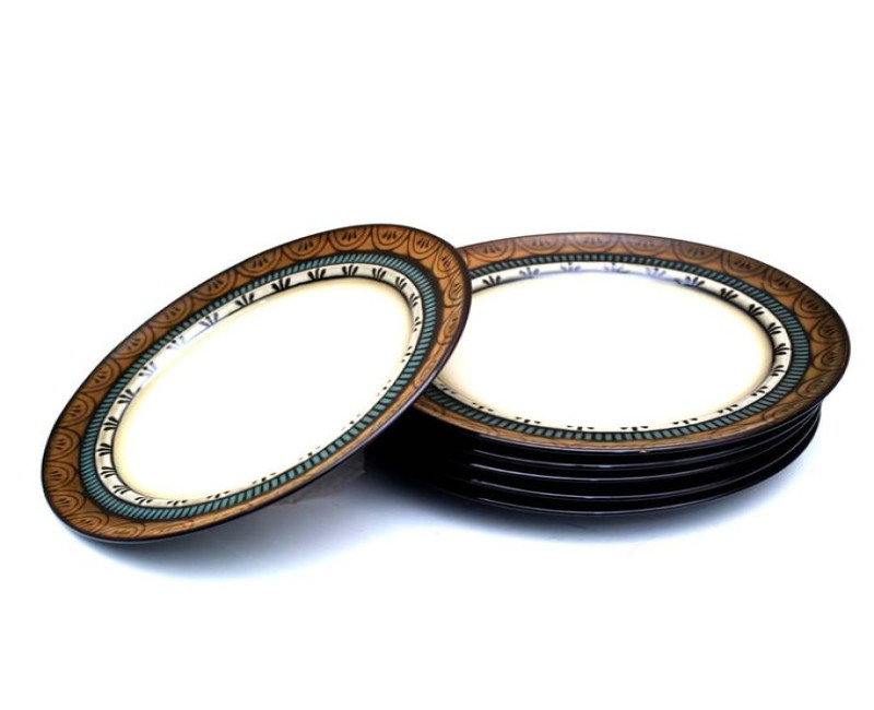 6 pieces Of Food Round Brown Band Dinner Plates - Cream