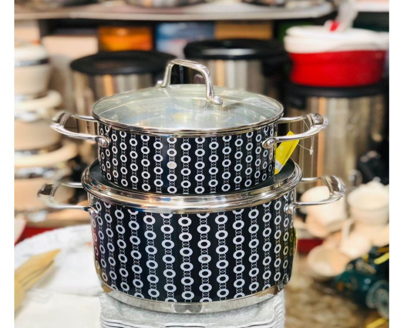 2 Pieces Of Dotted Enameled Stockpot With Glaass Lid Durable Enamelware Cooking Pots Stainless Steel Saucepan Cookware