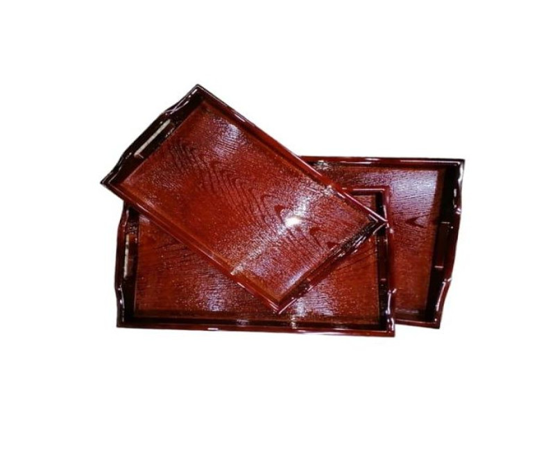 Pack of 3 Rectangular Plastic Trays, Kitchen Decorative Platters, Tea Serving Plate, Wooden Pattern Food Tray With Handles for Kitchen, Dining Room, Cafe- Brown