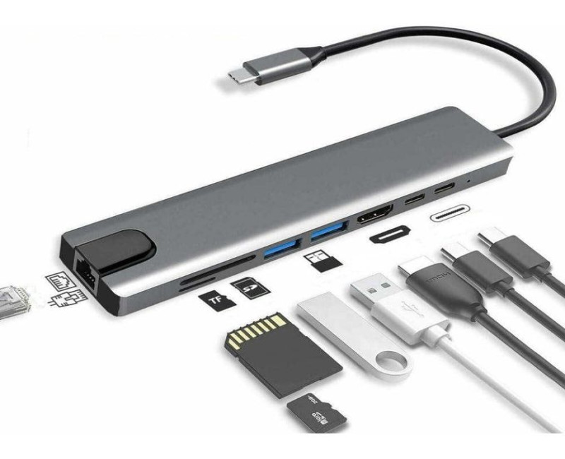 Travel USB 3.0 Connectivity Hub USB-C Adapter Laptop Docking Station With HD, Portable 8 Function Traveling Device - RJ45 Gigabit Ethernet, USB 3.0 Hub, 8 in 1 Type-C HUB HDMI USB Multiport Card Reader & PD Charging -Silver