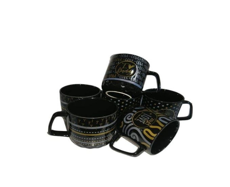 6 Pieces Of Silver And Gold Printed Coffee Tea Cups Mugs- Black