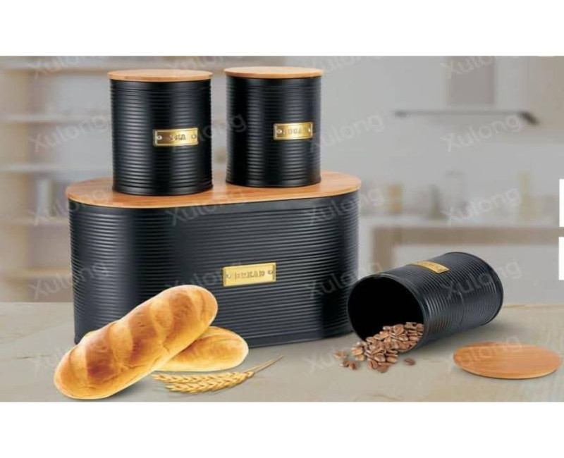 3-Piece Canister And Bread Box Bin With Bamboo Lid For Table Storage Store Pastries Coffee Biscuits Sugar Cereals