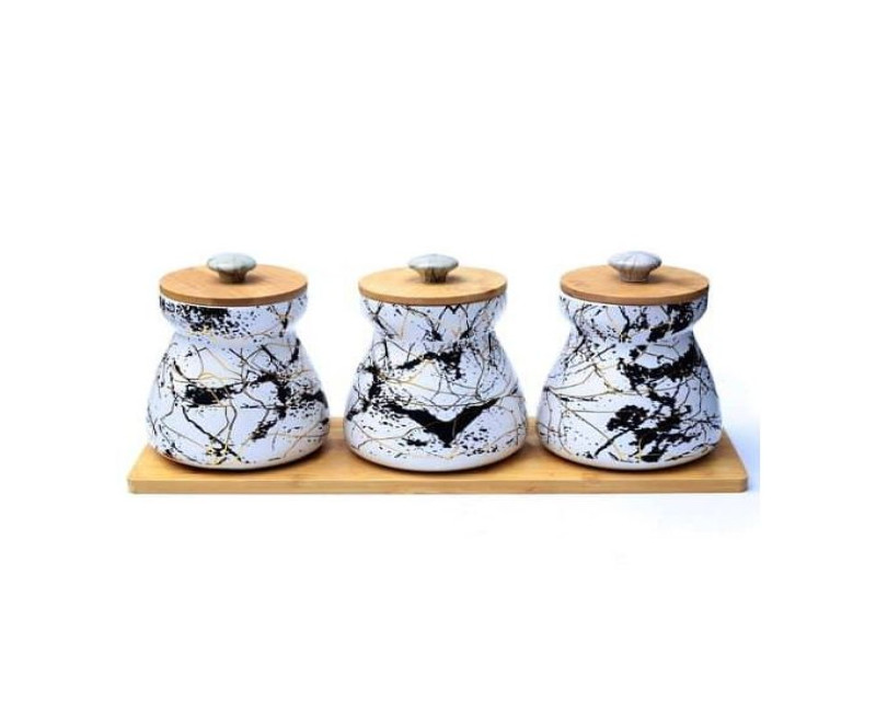 Set of 3 Sugar Tea Coffee Ceramic Marble Print Storage canister With Bamboo Lid And Holder