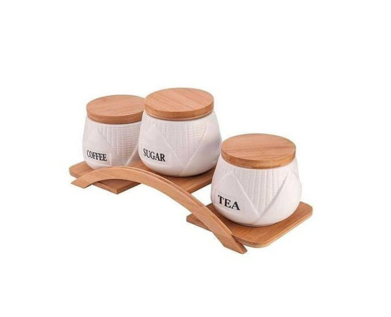 Tea Coffee Sugar 3 Canisters Set With Wooden Wavy Stand Tray & Bamboo Lid Condiment Airtight Jars Set- White.